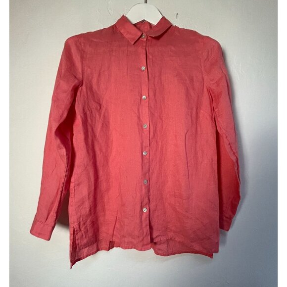 J. Jill Love Linen Essential Shirt Womens Coral Button-Up Top XS Long Sleeve - Picture 1 of 7